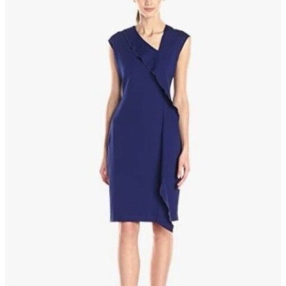 Anne Klein Dress 8 Ultramarine Blue Ruffle Stretch Sleeveless Career Church NWT